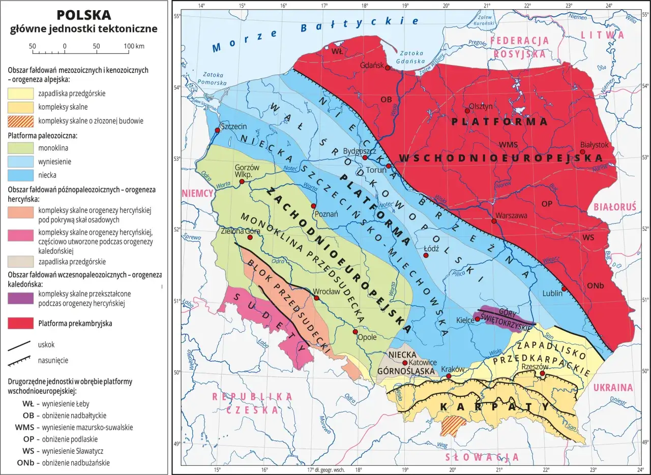 Mapa Polski z jednostkami tektonicznymi. Kolory i symbole pokazują, jak powstały góry i platformy geologiczne.