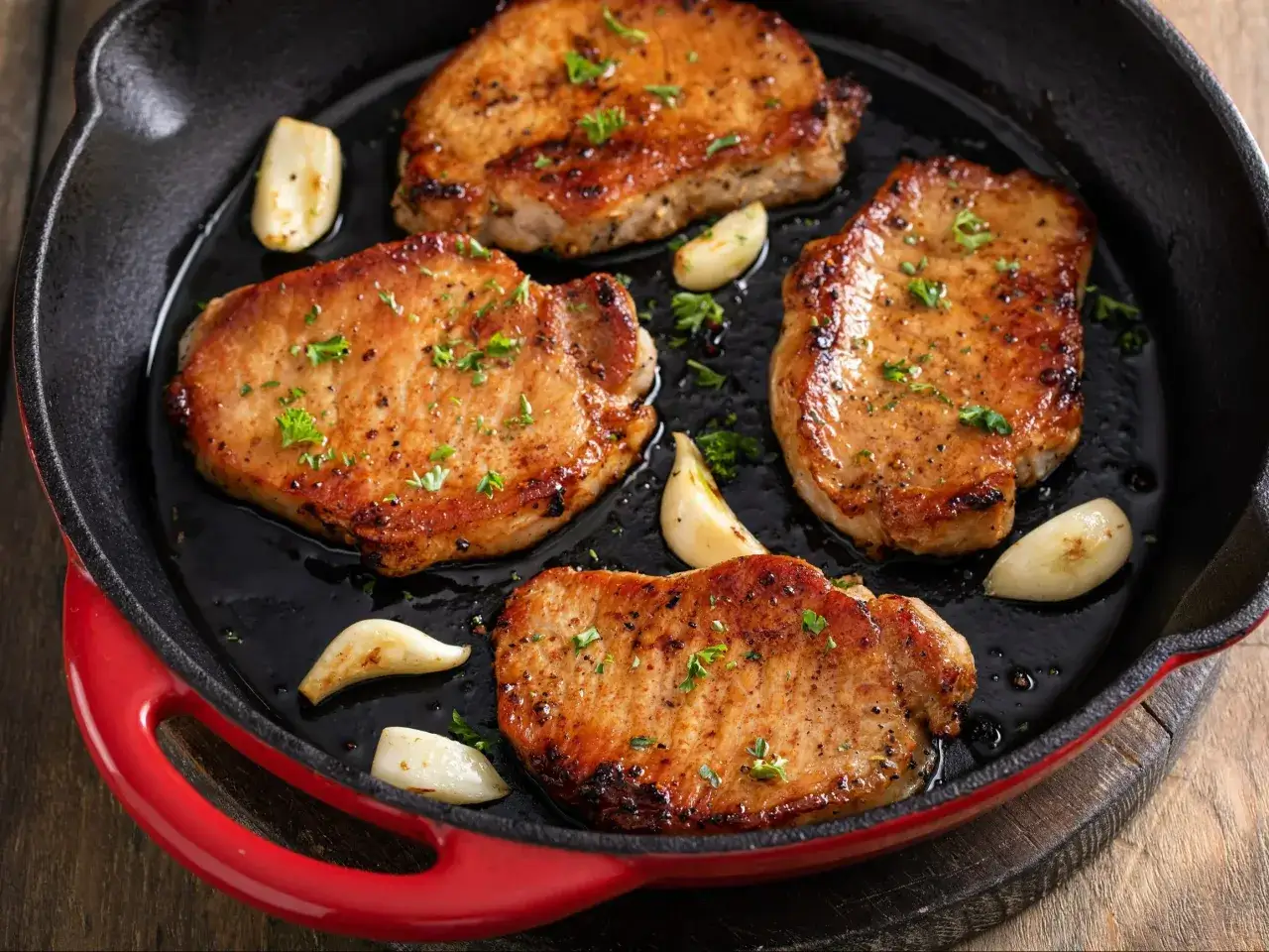 Cztery soczyste schabowe smażą się na patelni z czosnkiem i natką pietruszki. Sekret jak usmażyć schabowego żeby panierka nie odpadała na patelni.