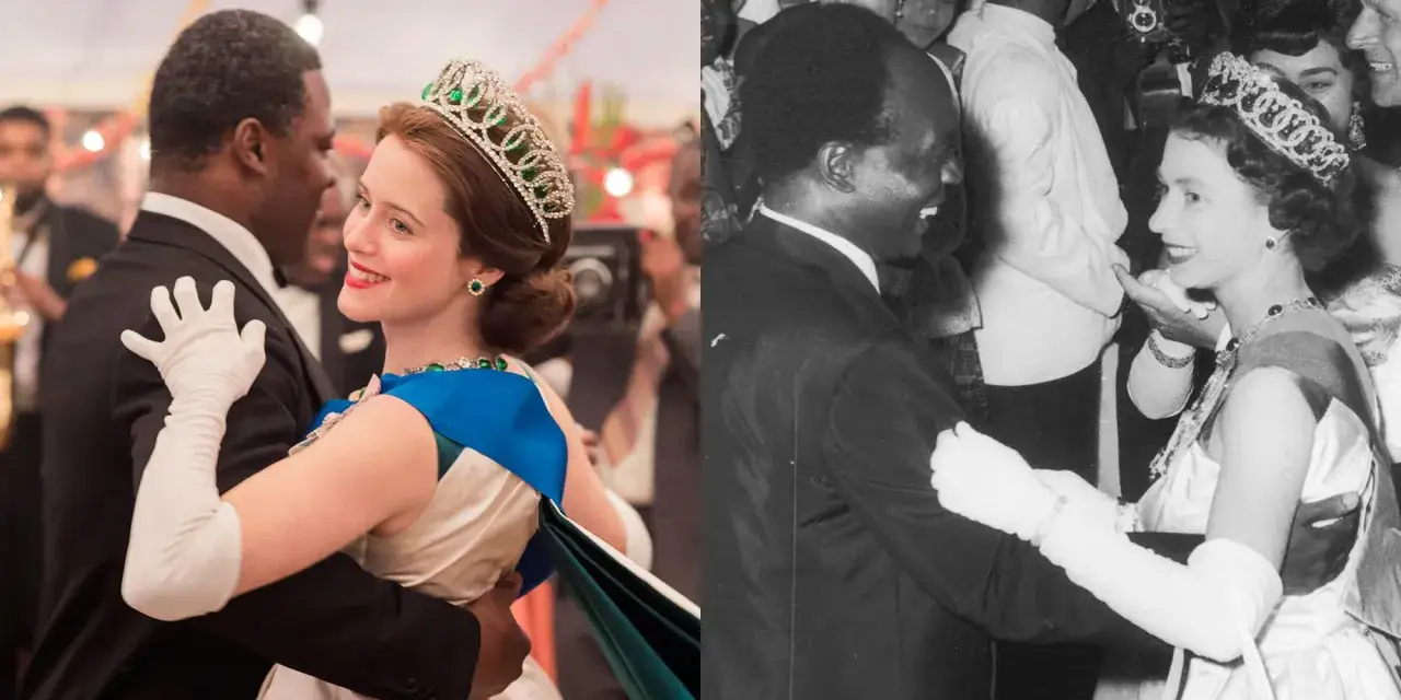 Dwie kr&oacute;lowe w tiarach, tańczące z partnerami. Jedna z nich to Claire Foy jako młoda Elżbieta II, bohaterka serialu 
