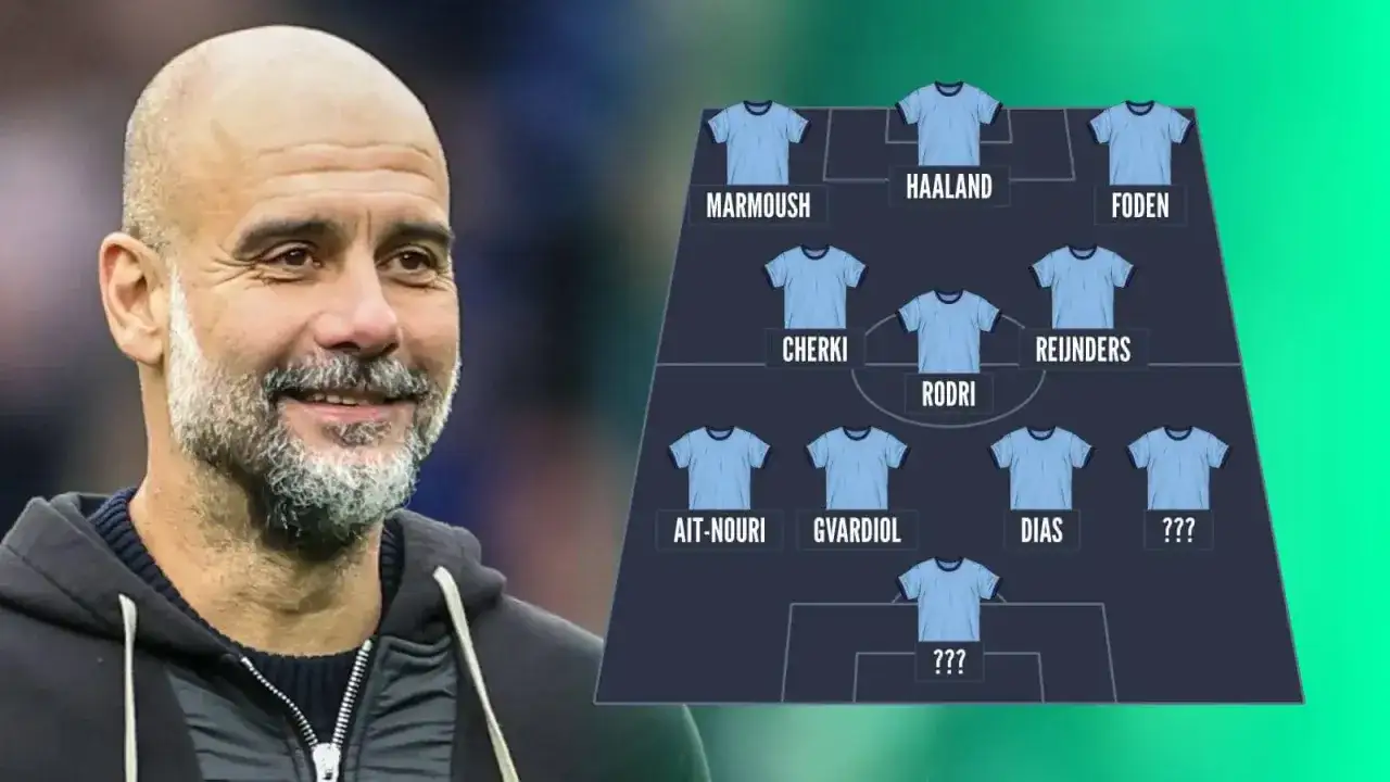 Pep Guardiola z uśmiechem prezentuje potencjalny skład Manchester City: Haaland, Foden, Rodri, Gvardiol, Dias i inni.