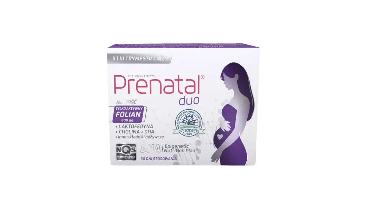Opakowanie suplementu diety Prenatal Duo. Informuje o tym, jak leki wpływają na pł&oacute;d, podkreślając znaczenie odpowiedniej suplementacji.