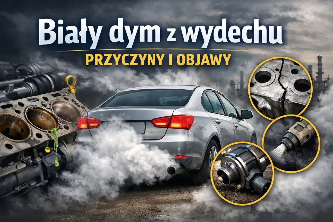 Biały dym z rury wydechowej samochodu, silnik i uszkodzone części.