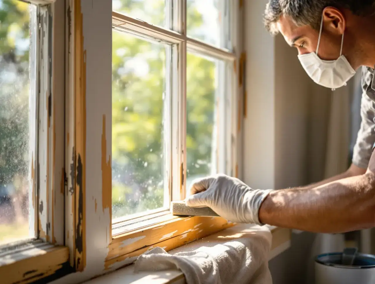 Mężczyzna w masce i rękawiczkach szlifuje stare drewniane okno, przygotowując je do malowania. Zastanawiasz się, jaką farbą pomalować drewniane okna?