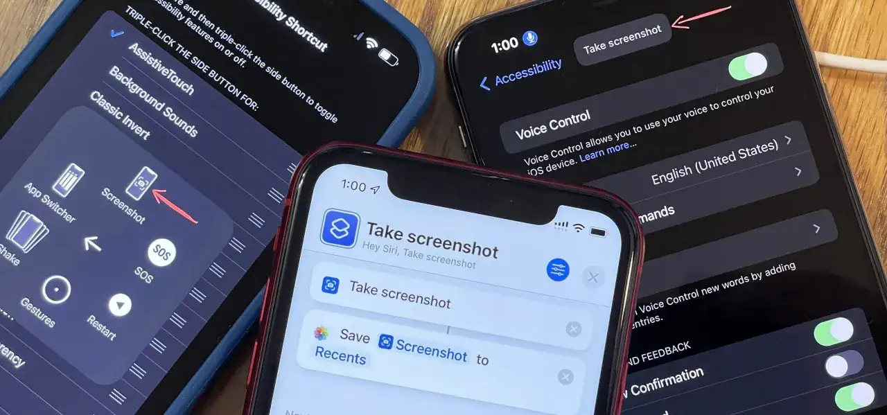 Jak zrobic zrzut ekranu w iPhone? Widoczne ustawienia AssistiveTouch i sterowania głosem, które pomagają w robieniu zrzutów ekranu.