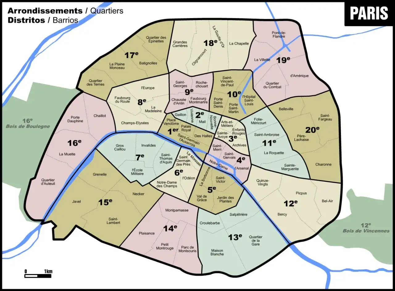 Mapa Paryża z zaznaczonymi dzielnicami. Widać 17 dzielnicę Paryża, Batignolles i La Plaine Monceau.