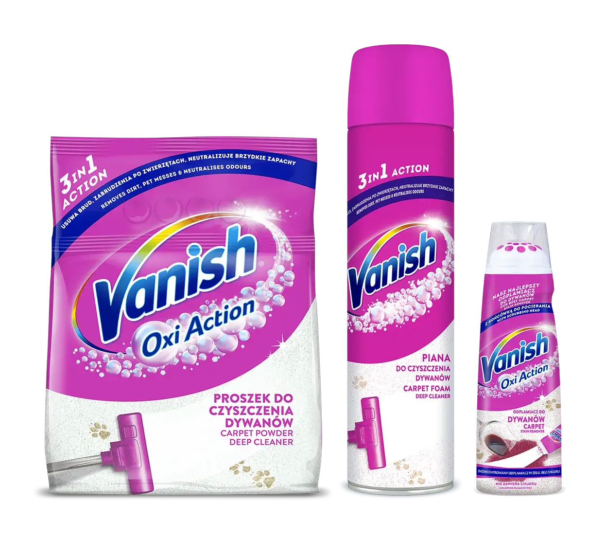 różne rodzaje produktów Vanish do dywanów na półce sklepowej