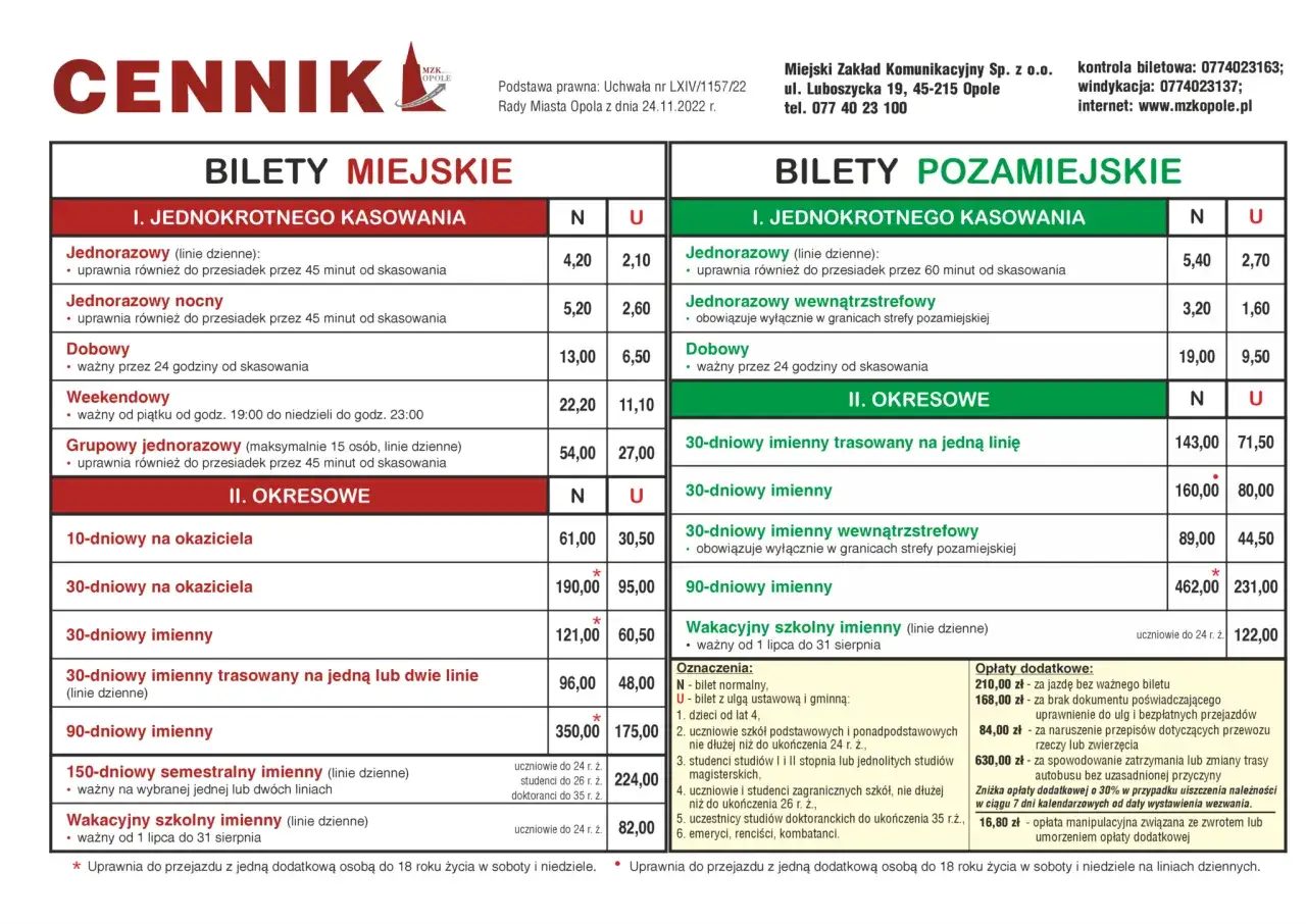 Cennik biletów MZK Opole: bilety jednorazowe, okresowe, miesięczne, semestralne i wakacyjne.