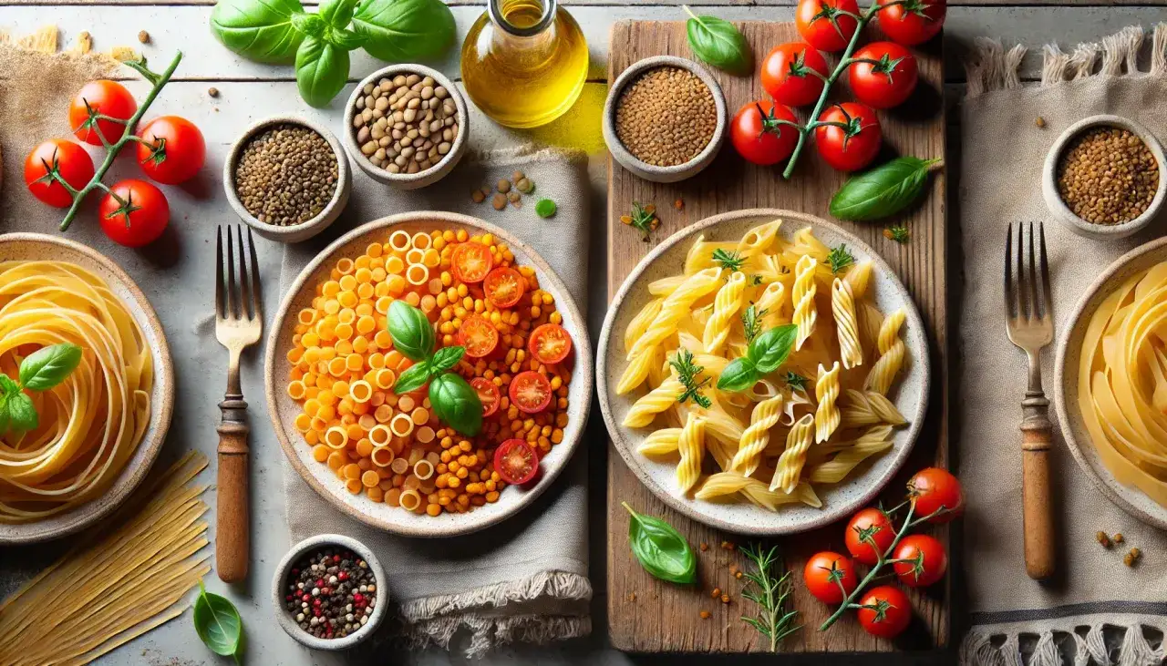Makaron z soczewicy vs pszenny: porównanie dwóch rodzajów makaronu, z pomidorami, bazylią i oliwą.