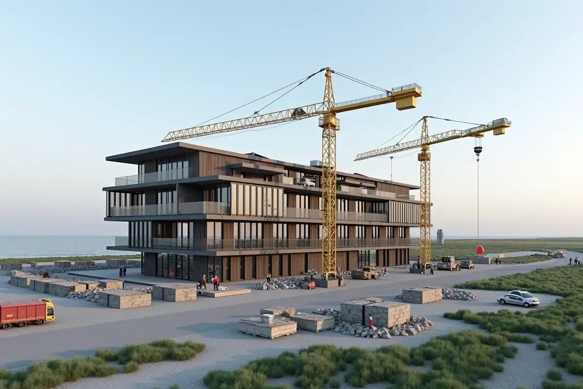 Budowa hotelu Gołębiewski Pobierowo. Kiedy otwarcie? Nowoczesny obiekt z widokiem na morze, wciąż w budowie, otoczony dźwigami i materiałami budowlanymi.