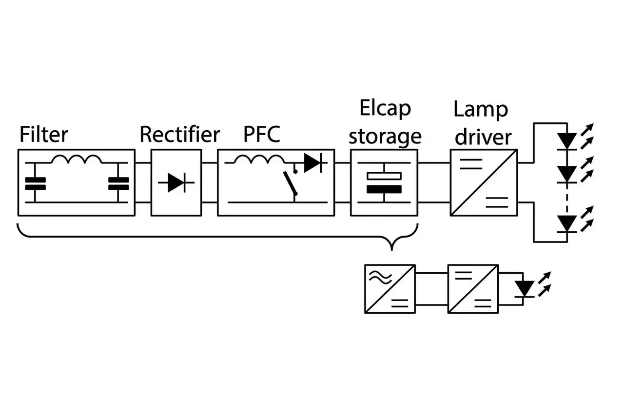 Schemat zasilania diody LED: filtr, prostownik, PFC, magazyn energii, sterownik lampy, a następnie diody LED.