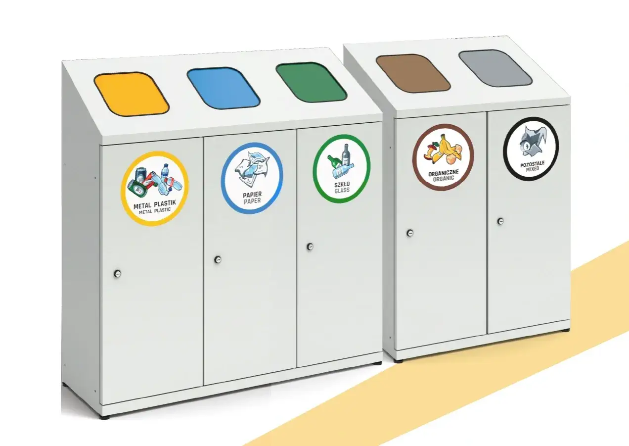Nowoczesne kosze do segregacji na 5 frakcji: metal/plastik, papier, szkło, organiczne i pozostałe. Ułatwiają dbanie o środowisko.