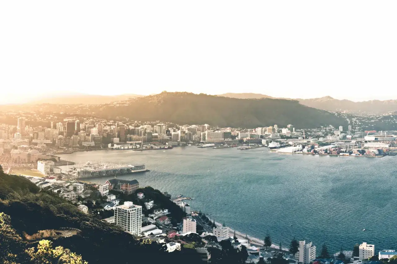 Widok na Wellington, stolicę Nowej Zelandii, z portem i wzg&oacute;rzami w tle.