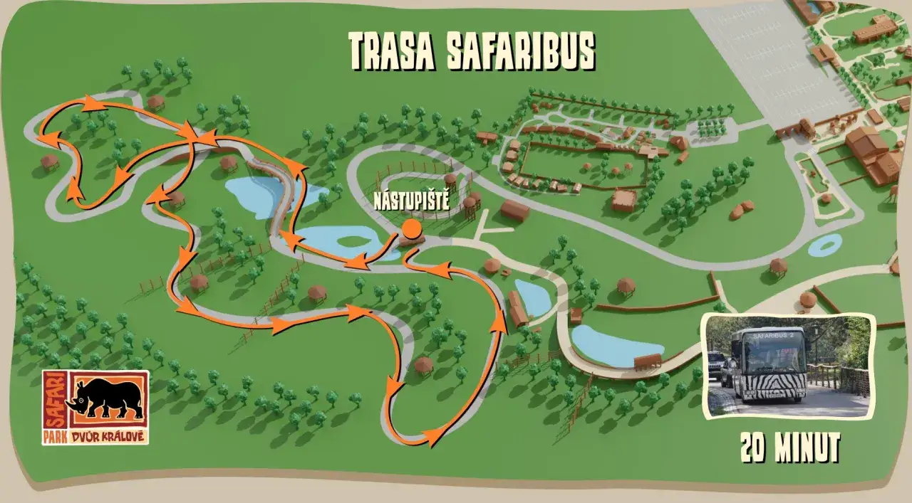 Mapa trasy safari bus w Parku Dvůr Králové. Pomarańczowe strzałki pokazują drogę przez teren parku, gdzie można zobaczyć zwierzęta.