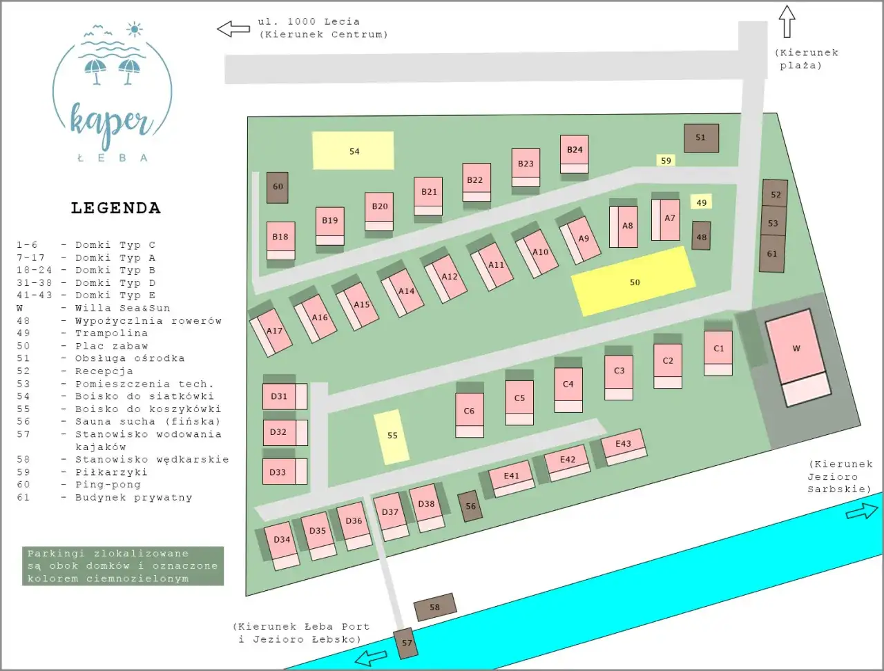 Mapa ośrodka Kaper w Łebie. Widoczne domki pod sosnami, plac zabaw, boiska, recepcja i inne atrakcje.