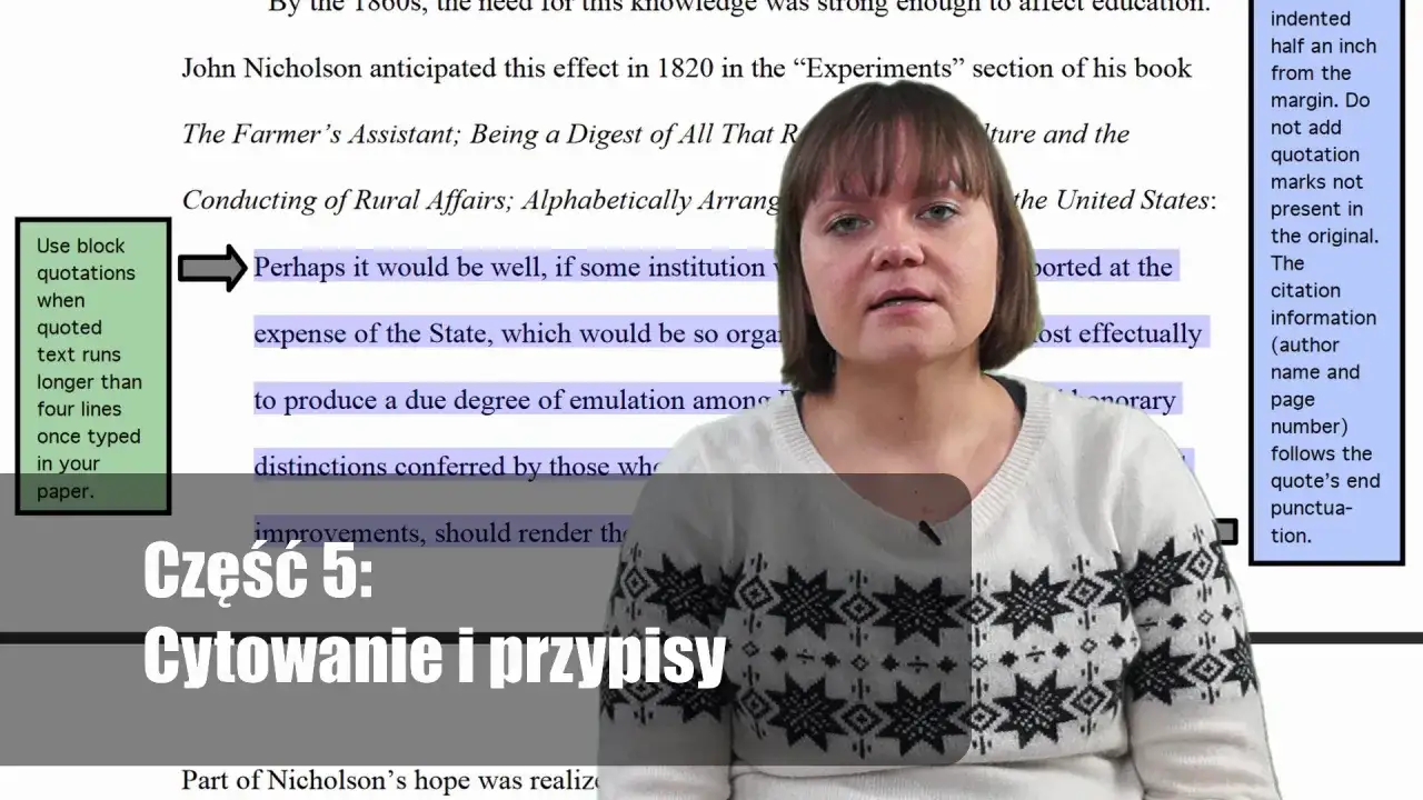 Kobieta omawia, jak napisać esej historyczny, skupiając się na cytowaniu i przypisach. Wskazówki dotyczące cytatów blokowych.