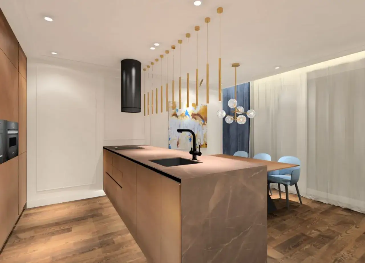 Nowoczesna kuchnia z wyspą, gdzie oświetlenie cokołu w kuchni podkreśla marmurowy blat. Drewniana podłoga i złote lampy dodają elegancji.