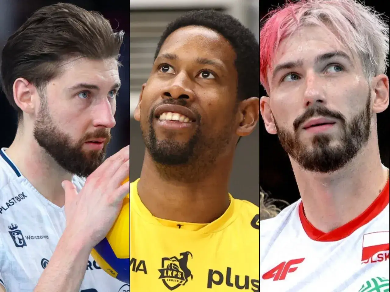 Trzech siatkarzy: jeden w białej koszulce z piłką, drugi w żółtej z logo LKPS, trzeci w biało-czerwonej. Zapowiedź emocji i plus liga transfery.