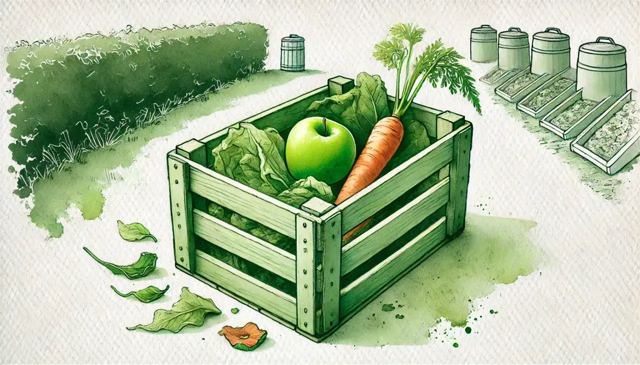 Skrzynka z warzywami i jabłkiem. Obok kompostowniki, gdzie wyrzucać resztki jedzenia.
