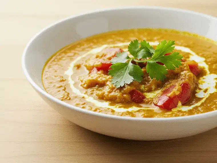 Składniki na sos curry, przyprawy, mleczko kokosowe, imbir, czosnek, cebula