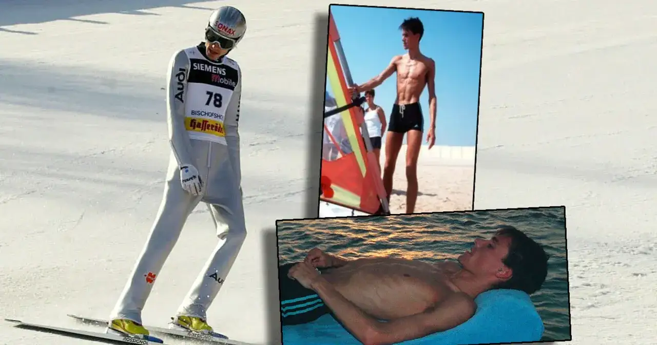 Sylwetka skoczka narciarskiego na tle śniegu, obok zdjęcia z deski windsurfingowej i relaksu nad wodą. Waga skoczka narciarskiego jest kluczowa.