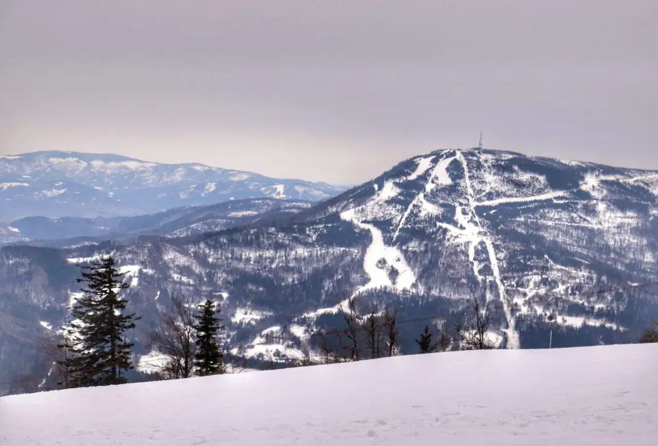 Klimczok zimą, pokryty śniegiem, z trasami narciarskimi wijącymi się po zboczach. W oddali widać kolejne pasma g&oacute;rskie.