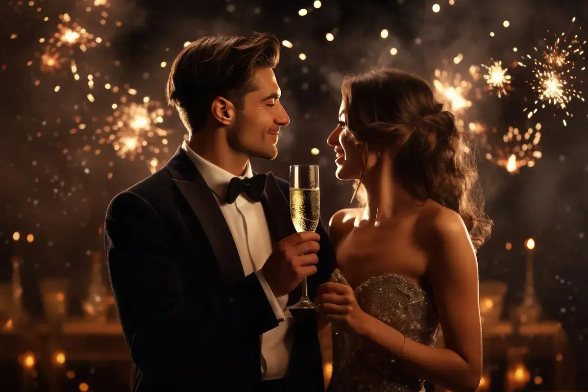 Elegancka para świętuje przy szampanie, fajerwerki w tle. Idealny pomysł na sylwestra we dwoje.