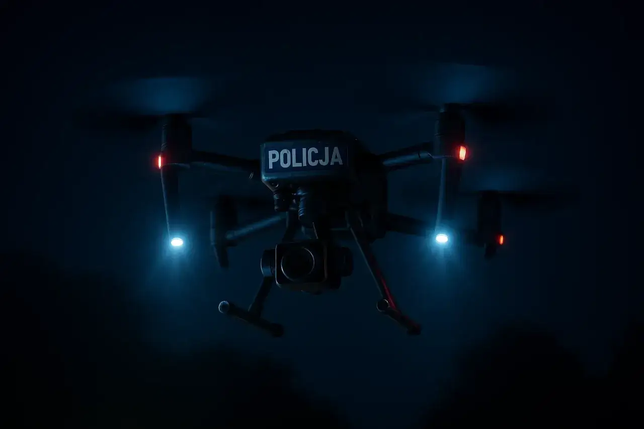 Policyjny dron w nocy, z napisem 