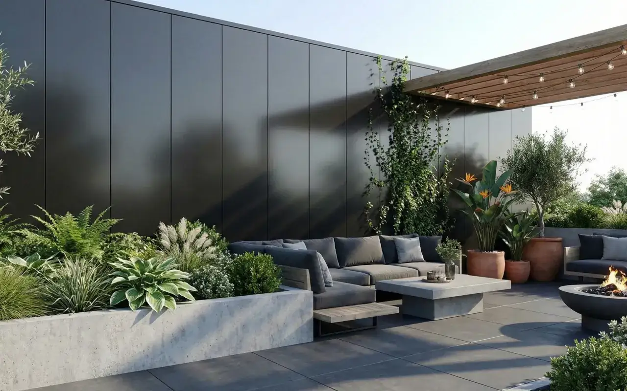 Nowoczesny taras z szarą sofą, betonowym stolikiem i paleniskiem. Idealne miejsce, by zastanowić się, co położyć na taras, by stworzyć przytulną przestrzeń.