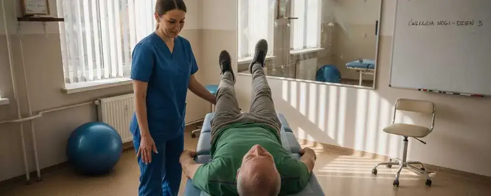 Pacjent na oddziale rehabilitacji neurologicznej ćwiczy z fizjoterapeutą