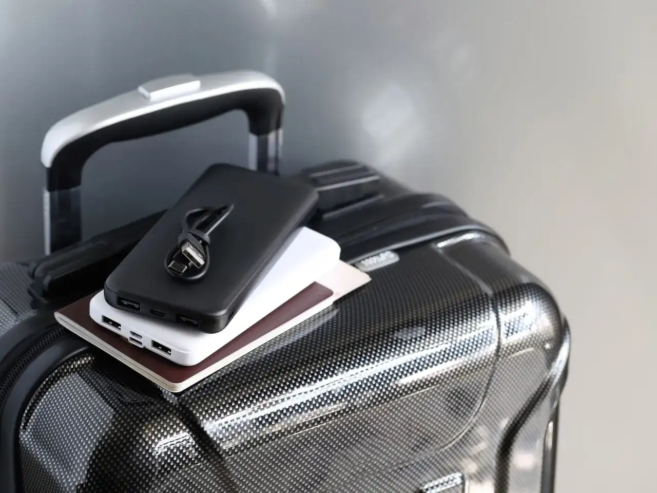 Powerbank w bagażu rejestrowanym to klucz do naładowanych urządzeń w podr&oacute;ży. Na walizce leżą dwa powerbanki, paszport i kabel.