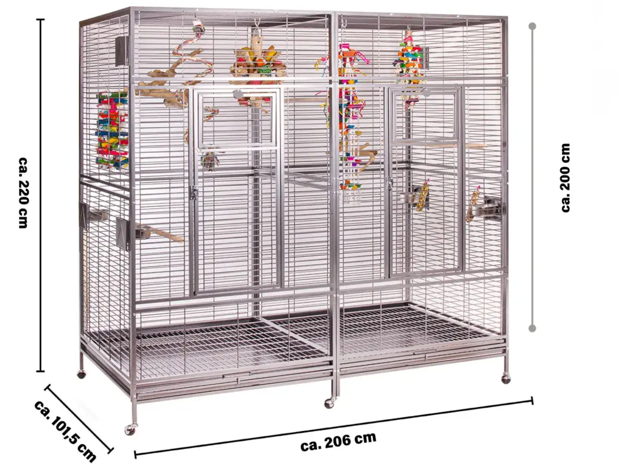 Duża, metalowa klatka dla papug z wieloma zabawkami i akcesoriami. Idealne miejsce, by zapewnić ptakom komfort i rozrywkę.