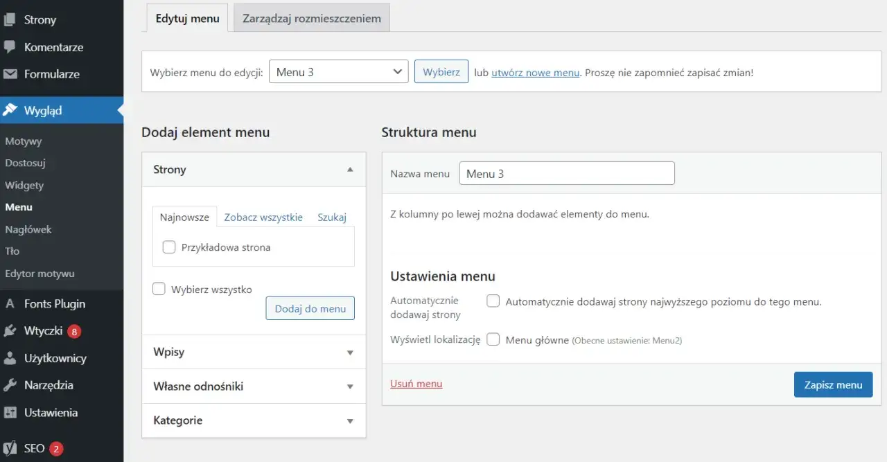 Dodawanie strony do menu WordPress