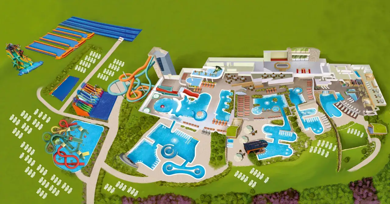 Plan wodnego świata z licznymi basenami, zjeżdżalniami i atrakcjami. To idealne miejsce na rodzinny wypoczynek, jak w bajkowej bac&oacute;wce w Białce Tatrzańskiej.
