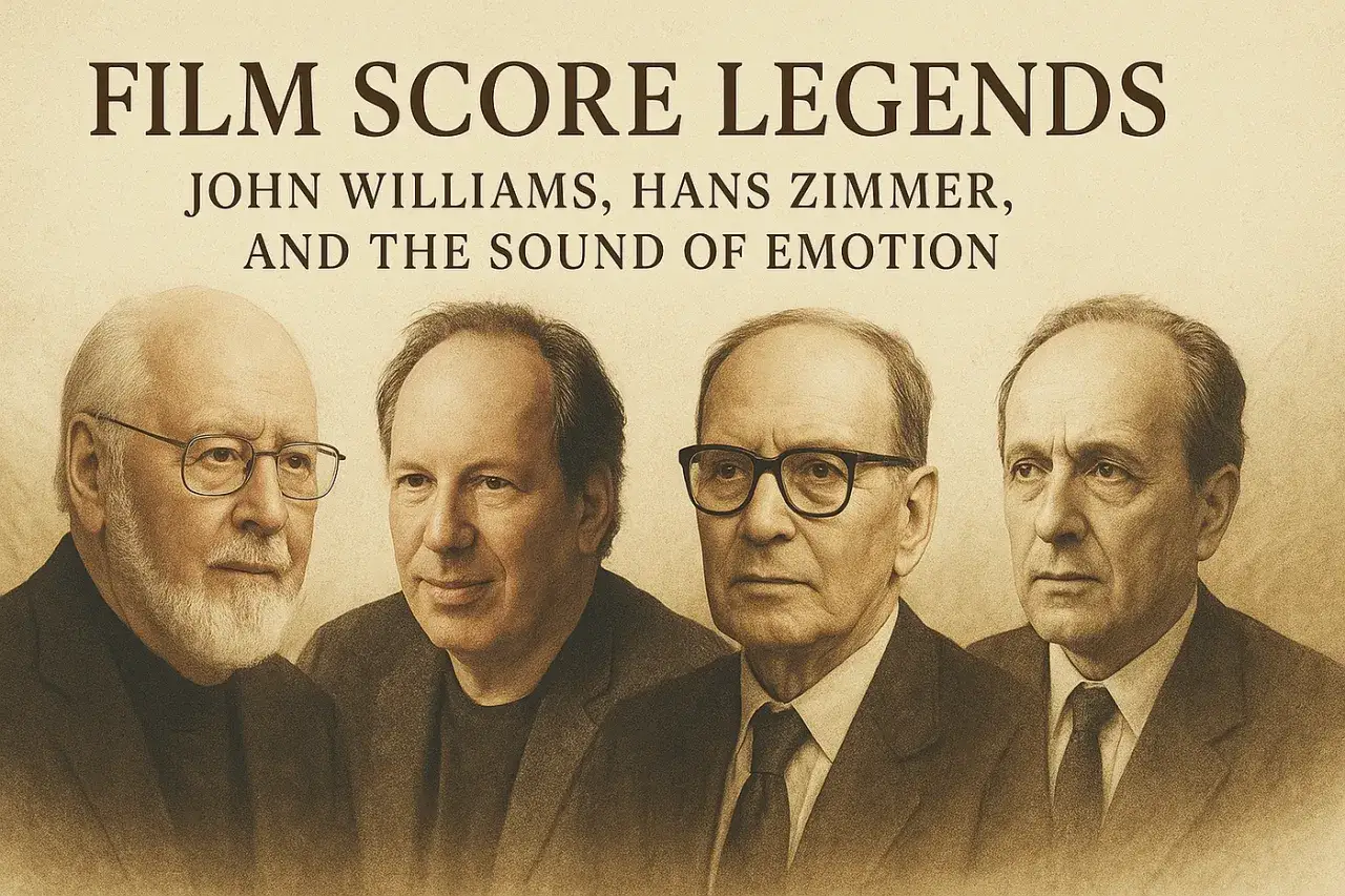 portrety słynnych kompozytorów muzyki filmowej Hans Zimmer John Williams Ennio Morricone