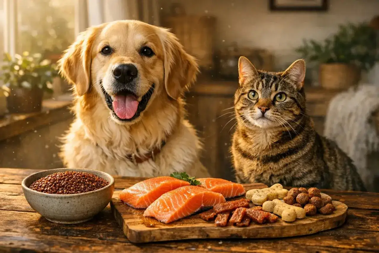Złoty retriever i pręgowany kot patrzą na stół z łososiem, przysmakami i miską z nasionami. Czy pies może jeść siemię lniane?