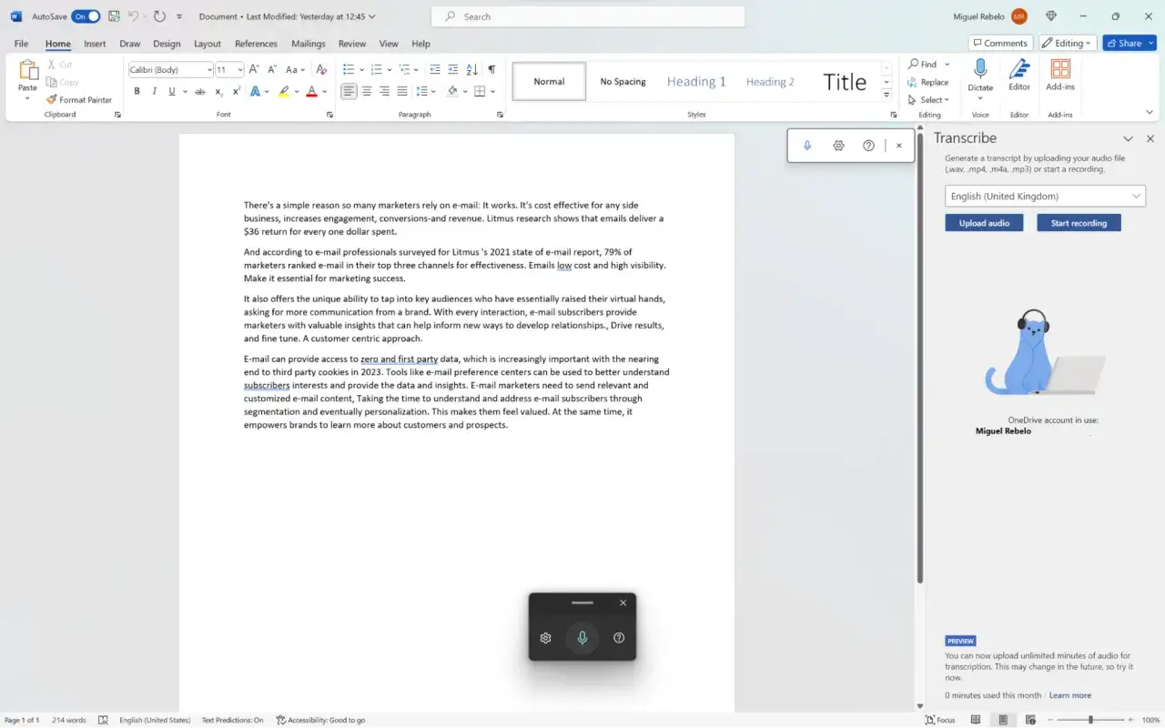 Program do czytania tekstu: transkrypcja mowy na tekst w edytorze tekstu.