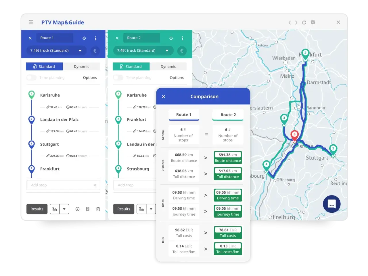 Najlepsza nawigacja dla ciężar&oacute;wek na telefon: por&oacute;wnanie tras, koszt&oacute;w i czasu przejazdu.
