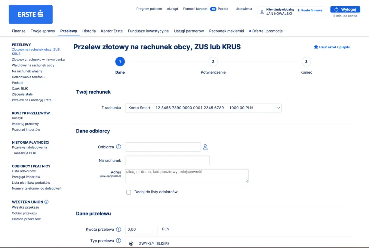 Wypełnianie formularza przelewu złotowego do ZUS/KRUS. Konto firmowe online bez kuriera, szybkie przelewy krajowe.