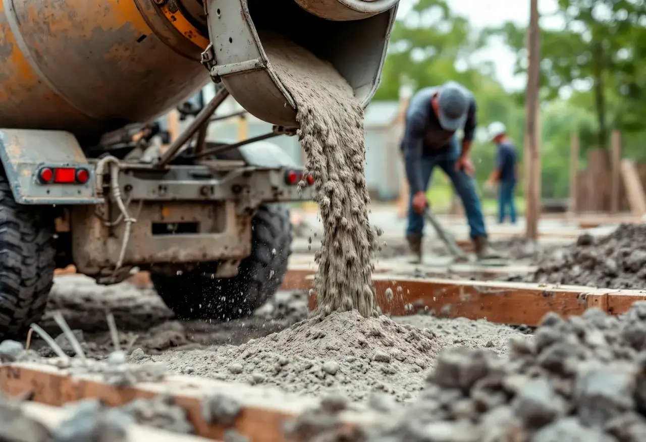 Betoniarka wylewa beton na fundamenty. Zastanawiasz się, ile kosztuje beton na fundamenty? Pracownicy pomagają w rozkładaniu masy.