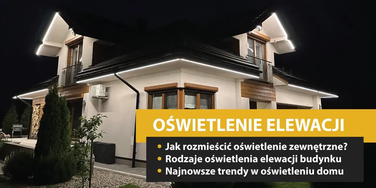 Nowoczesne oświetlenie elewacji domu od dołu podkreśla architekturę. Widać paski LED wzdłuż dachu i okapów.