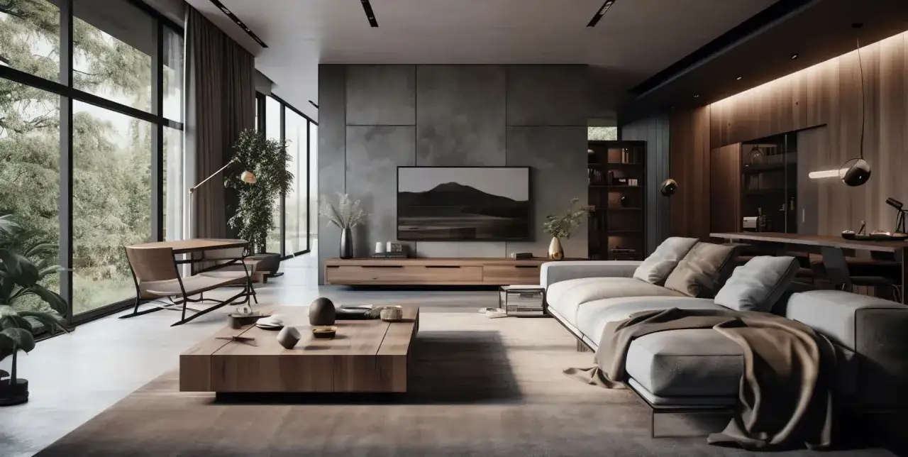 Nowoczesny salon z szarymi ścianami, drewnianymi meblami i dużymi oknami. Inspiracje dla minimalistycznych wnętrz.