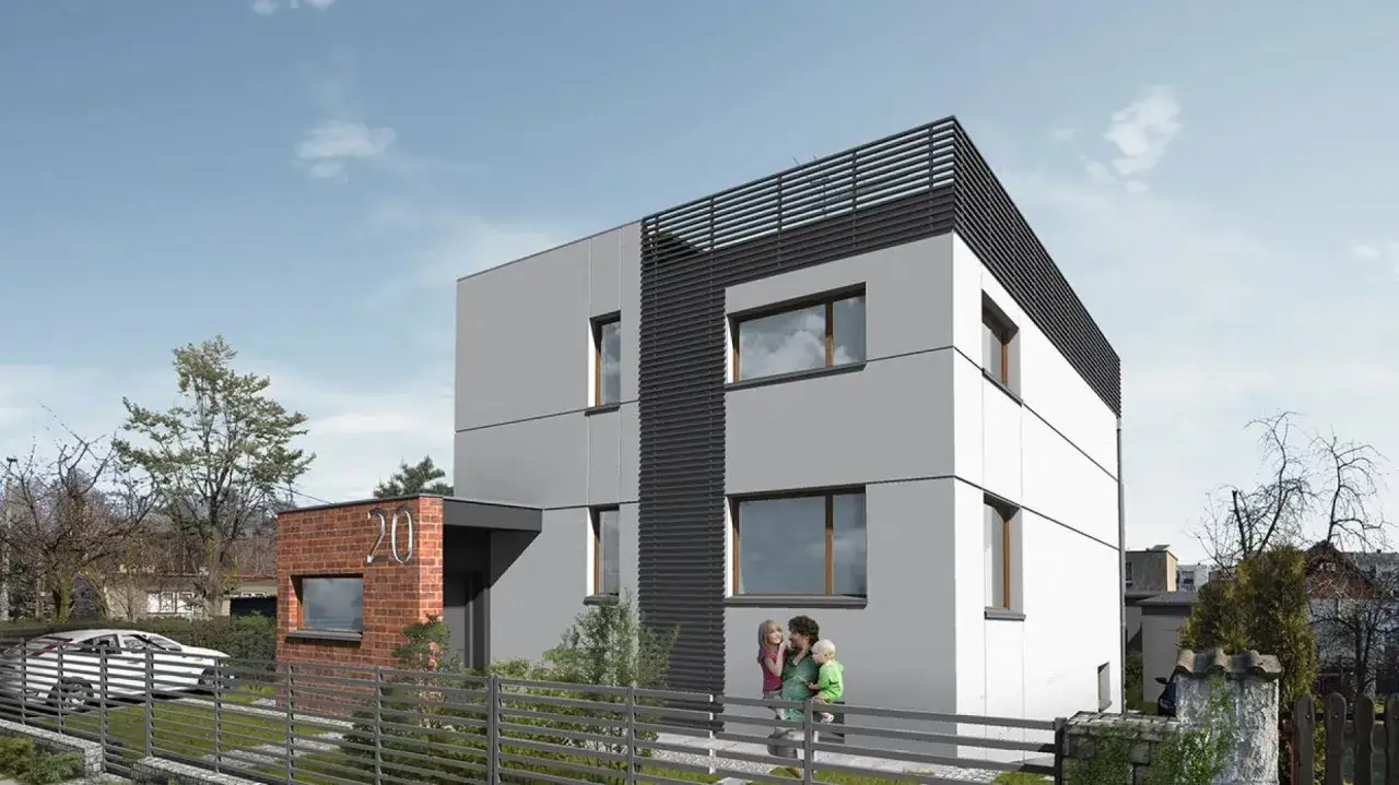Nowoczesny dom kostka z ceglanym akcentem i numerem 20. Rodzina podziwia projekty.