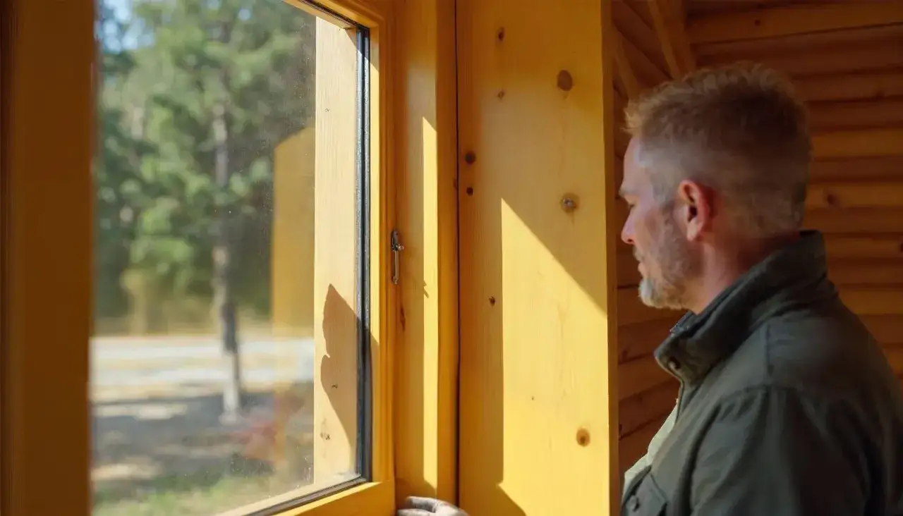 Mężczyzna sprawdza ramę okna, przygotowując się do zadania, jak uszczelnić stare okna. Drewniana chata i zieleń za oknem.