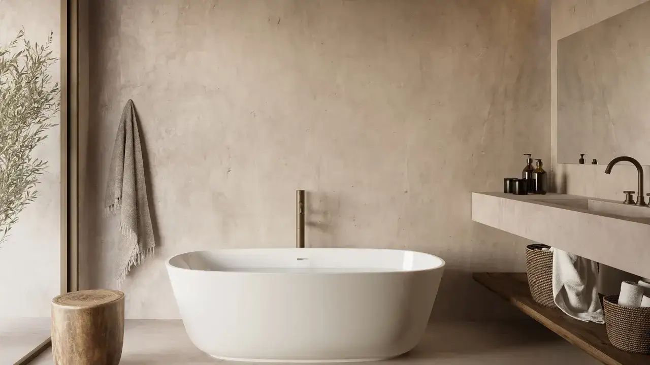 Nowoczesna łazienka z wanną wolnostojącą i umywalką. Ściany pokryte surowym mikrocementem w łazience tworzą minimalistyczny klimat.