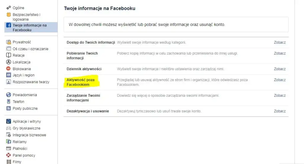 Aktywność poza Facebookiem ustawienia