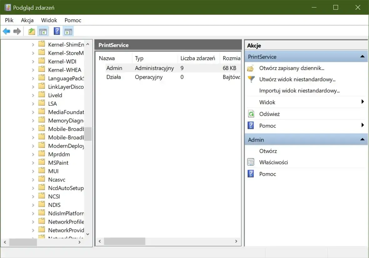 Historia drukowania Windows Podgląd zdarzeń