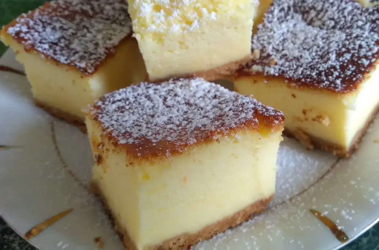 Pyszny sernik z jogurtu naturalnego, opr&oacute;szony cukrem pudrem, prezentuje się apetycznie na talerzu.