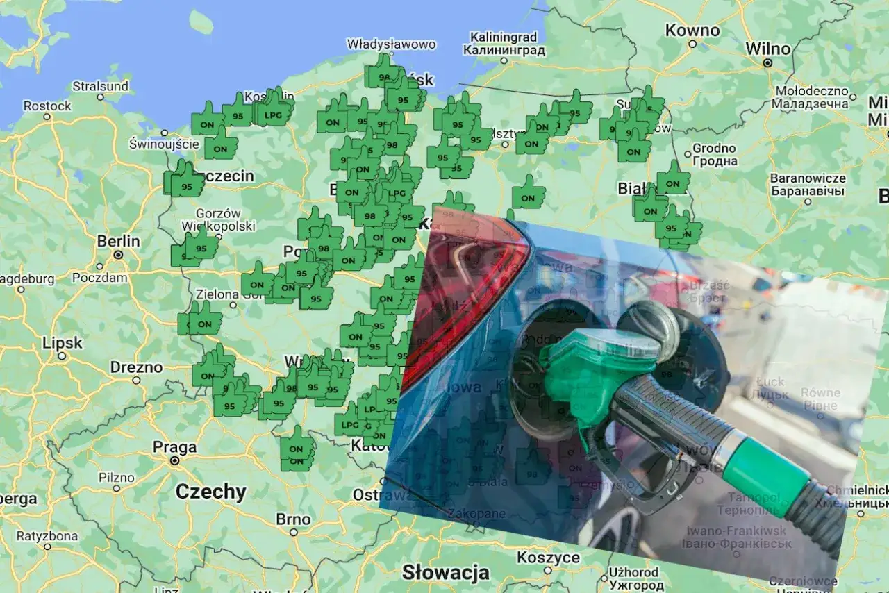 Mapa Polski i krajów ościennych z zaznaczonymi stacjami paliw. Gdzie tankować CNG? Szukaj zielonych ikon z kciukiem w górę.