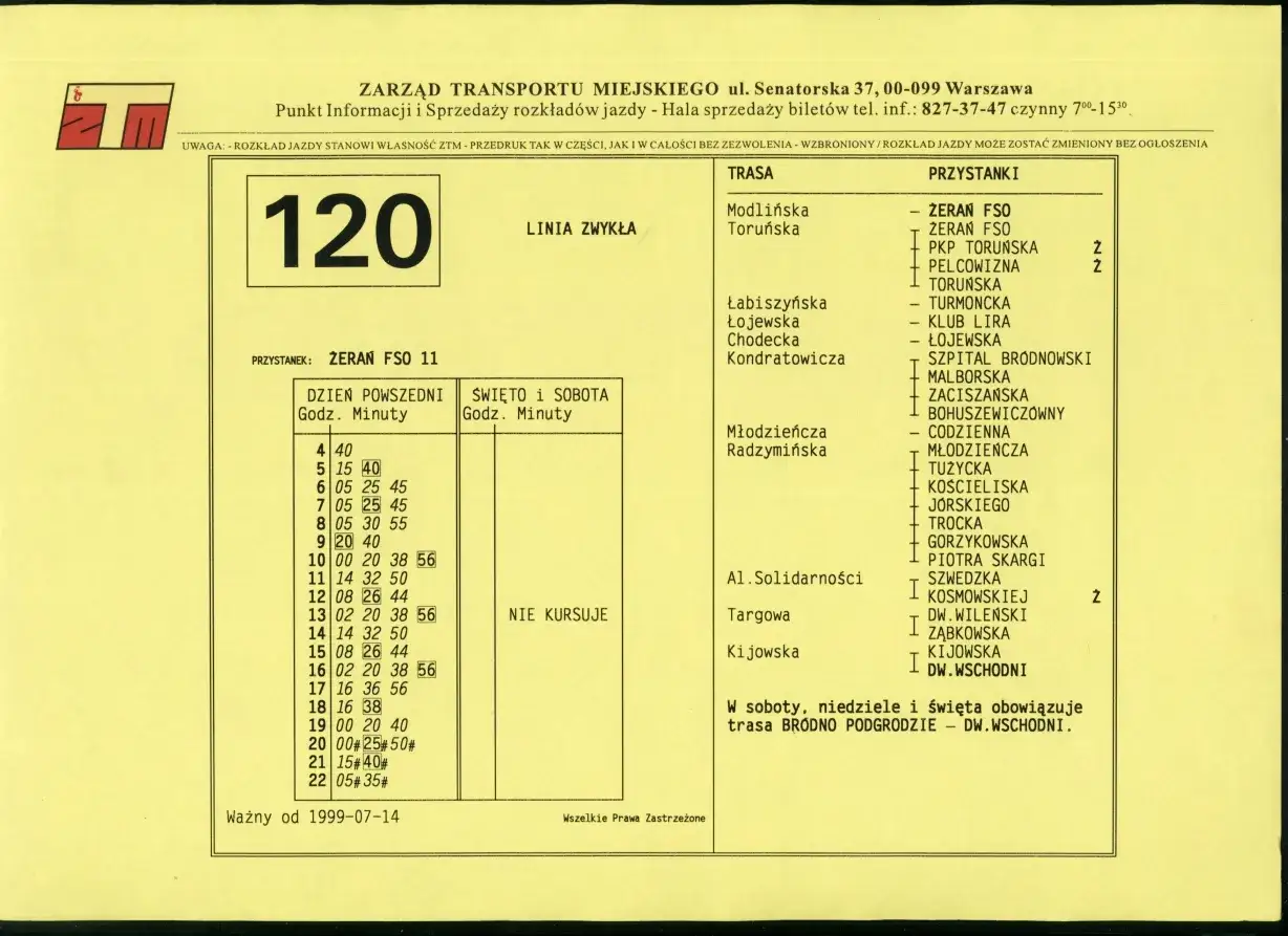 Mapa trasy autobusu 120 Warszawa