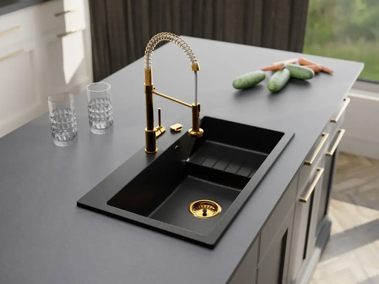 Czarny zlew z białym osadem z kamienia